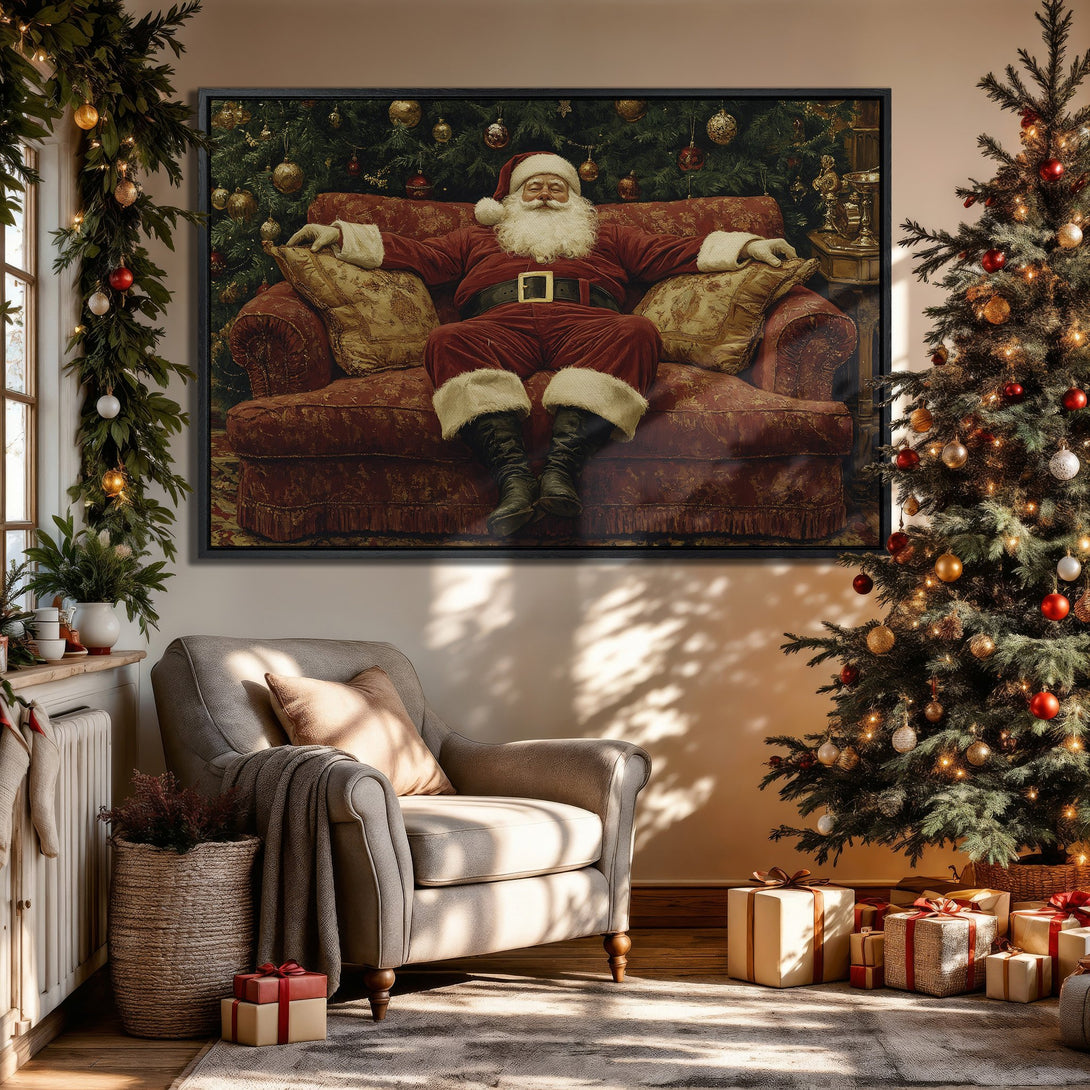Framed Wall Art featuring Santa Claus relaxing in a cozy Christmas scene. Warm reds, golds, and greens create a festive, inviting atmosphere. Perfect holiday decor!