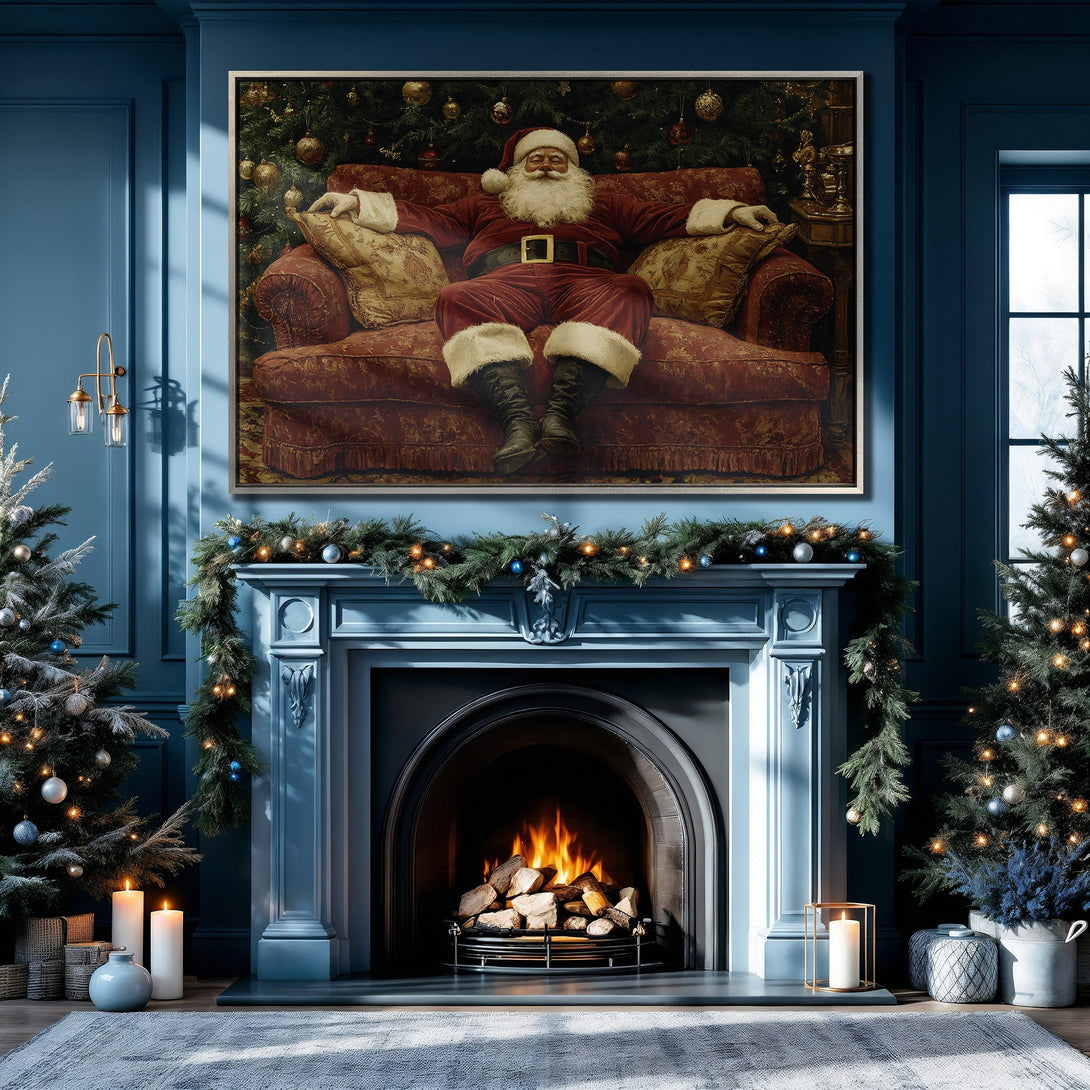 Framed Wall Art: Santa Claus portrait in a cozy, festive interior. Rich red and gold hues create a warm, inviting Christmas scene. Blue walls complement the artwork.