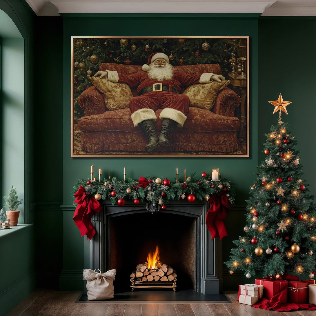 Framed Wall Art featuring Santa Claus relaxing on a sofa. Classic holiday decor with a rich, warm color palette of red, gold, and green. Perfect Christmas gift!