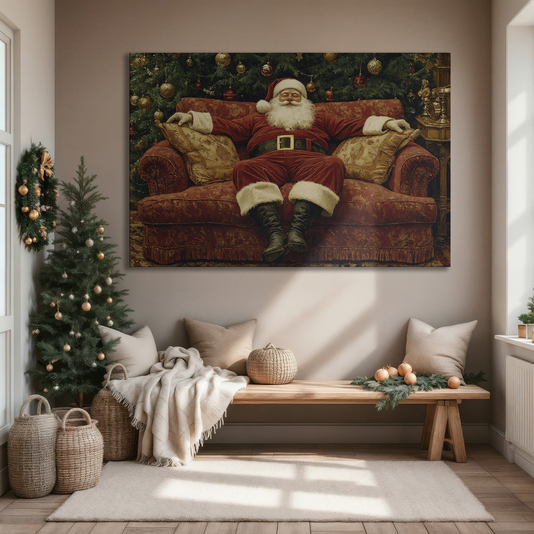 Framed Wall Art: Santa Claus relaxing in a classic style painting. Rich red and gold hues create a warm, festive Christmas vibe. Perfect holiday decor!