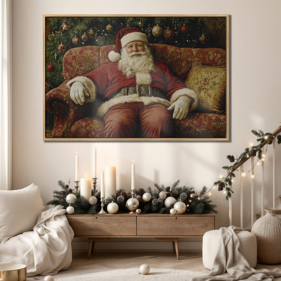 Framed Wall Art featuring Santa Claus in a classic style, warm red and green color palette. Perfect Christmas decor for a cozy interior.
