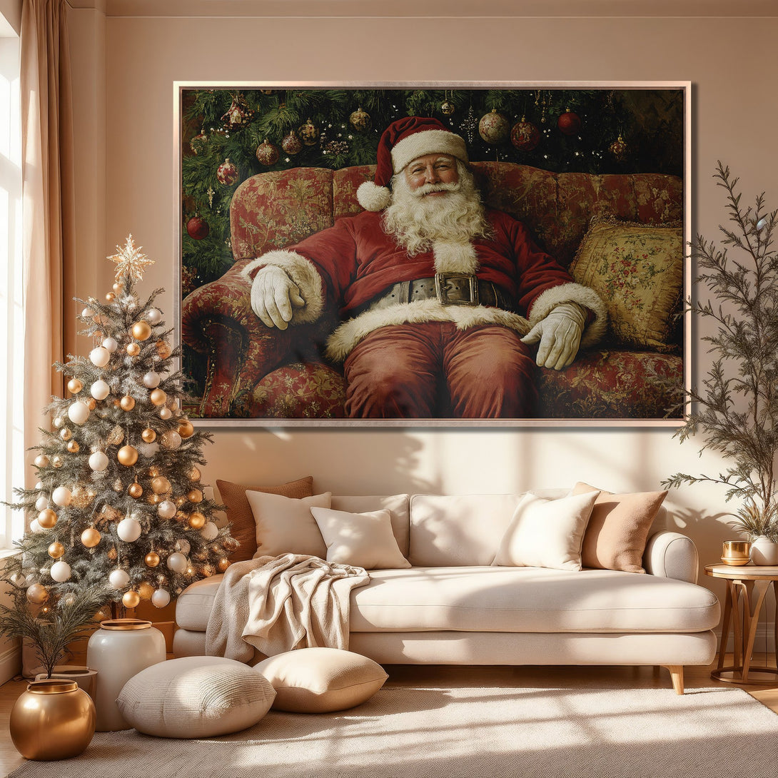 Framed Wall Art of Santa Claus in a living room, warm red and gold color palette, perfect for holiday decor.