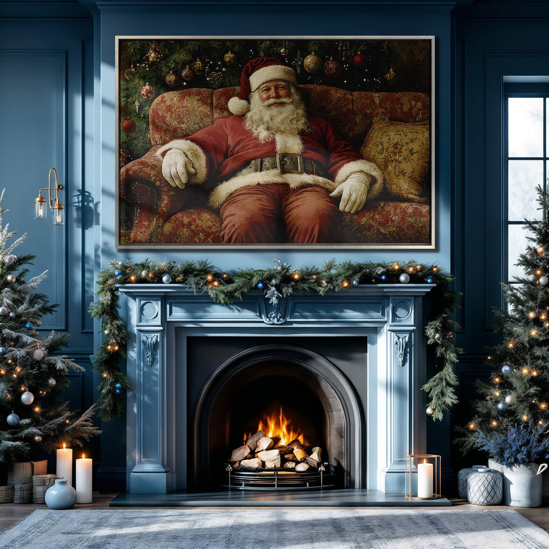 Framed Wall Art of Santa Claus in a cozy Christmas scene. Rich red and gold hues pop against a cool blue interior. Perfect holiday decor!