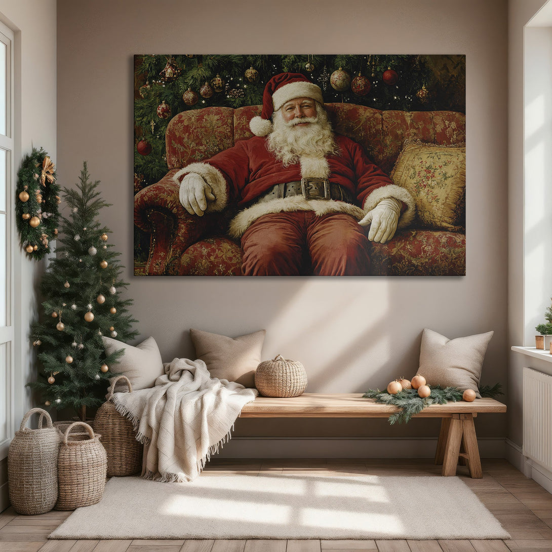 Framed Wall Art: Santa Claus portrait in warm red and gold tones, classic style. Festive holiday decor for your home.