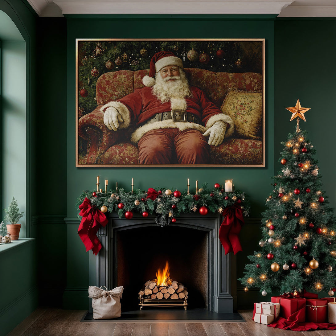 Framed Wall Art: Santa Claus portrait in a cozy interior. Rich red, gold, and green color palette. Perfect Christmas decor for a festive home.