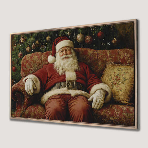 Framed Wall Art featuring Santa Claus in a vintage style, rich red and gold color palette, perfect for Christmas decor.
