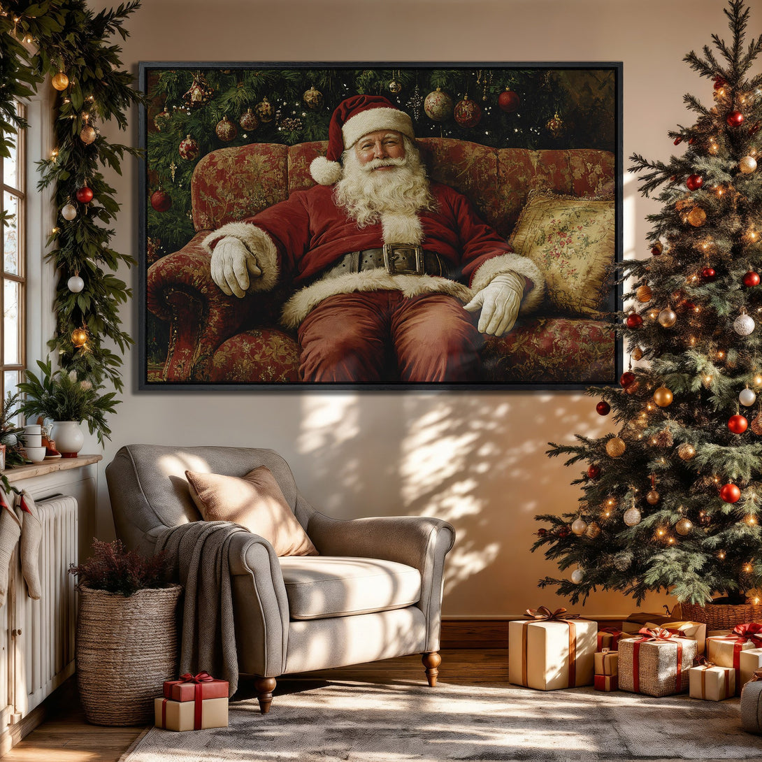 Framed Wall Art: Santa Claus portrait in a cozy Christmas interior, warm red and gold palette, perfect festive decor.