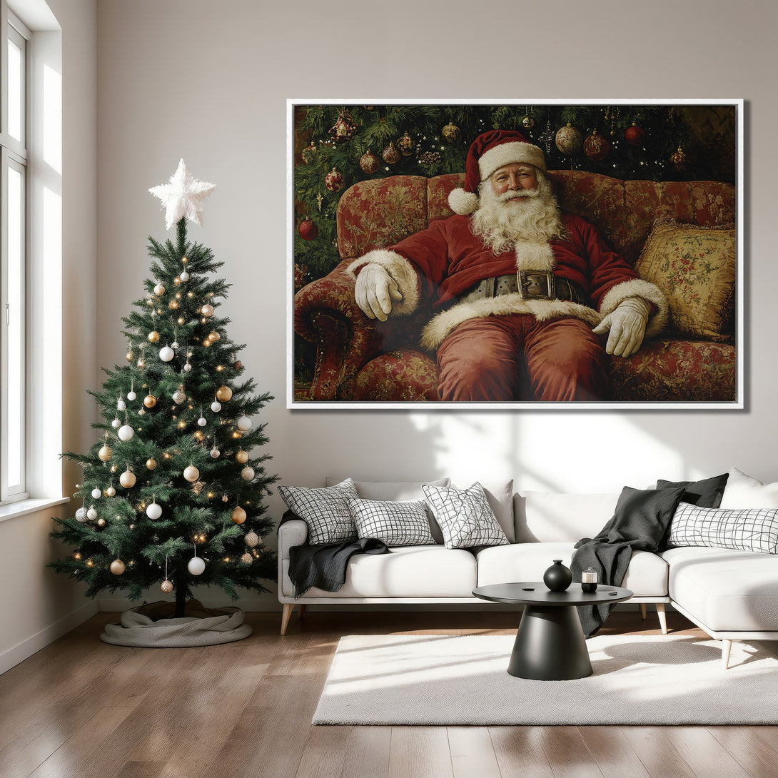 Framed Wall Art: Classic Santa Claus portrait in a cozy interior. Rich red, green, and gold tones create a warm, festive Christmas vibe. Perfect holiday decor!