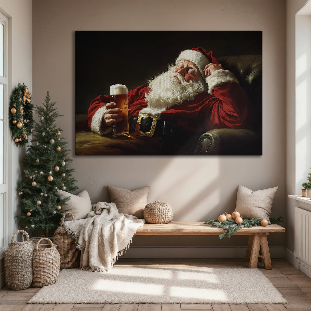 Framed Wall Art of Santa Claus relaxing with a beer, classic style. Rich red, gold, and brown tones create a cozy Christmas atmosphere.