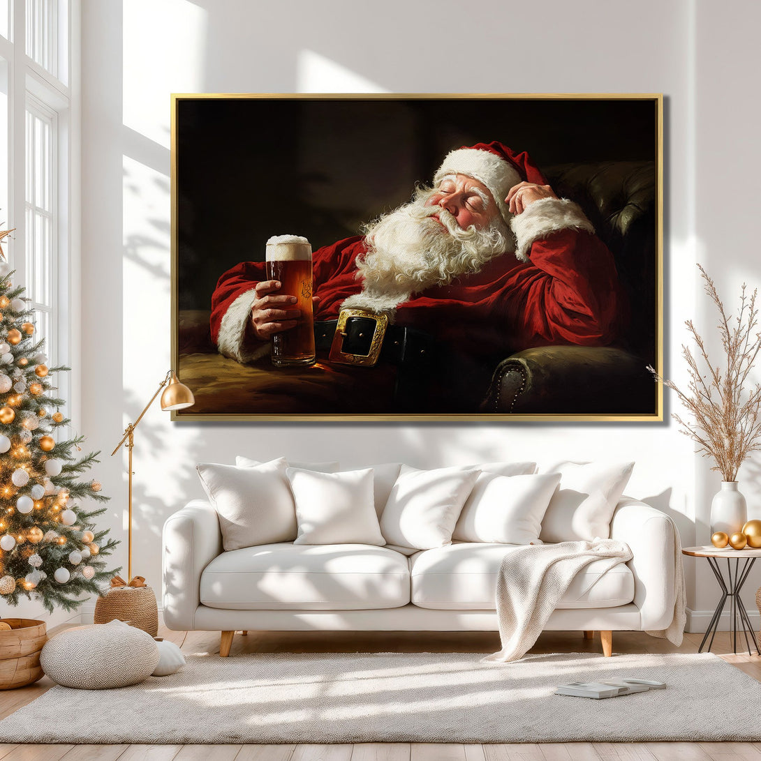 Canvas Print of Santa Claus relaxing with a beer. Classic style, warm red, brown, and beige tones. Perfect Christmas wall art!