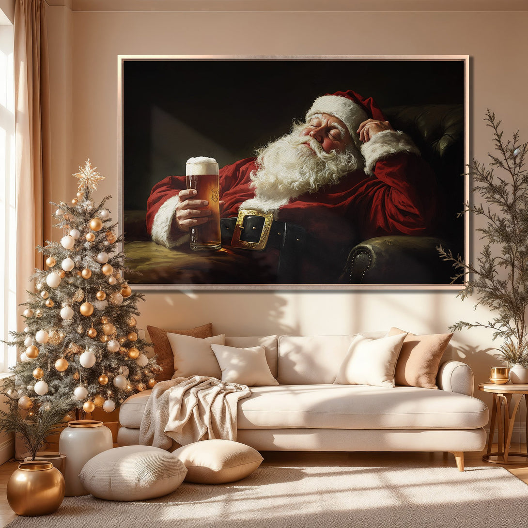 Framed Wall Art: Santa Claus relaxing with a beer, classic style, warm red and beige tones, perfect Christmas decor.
