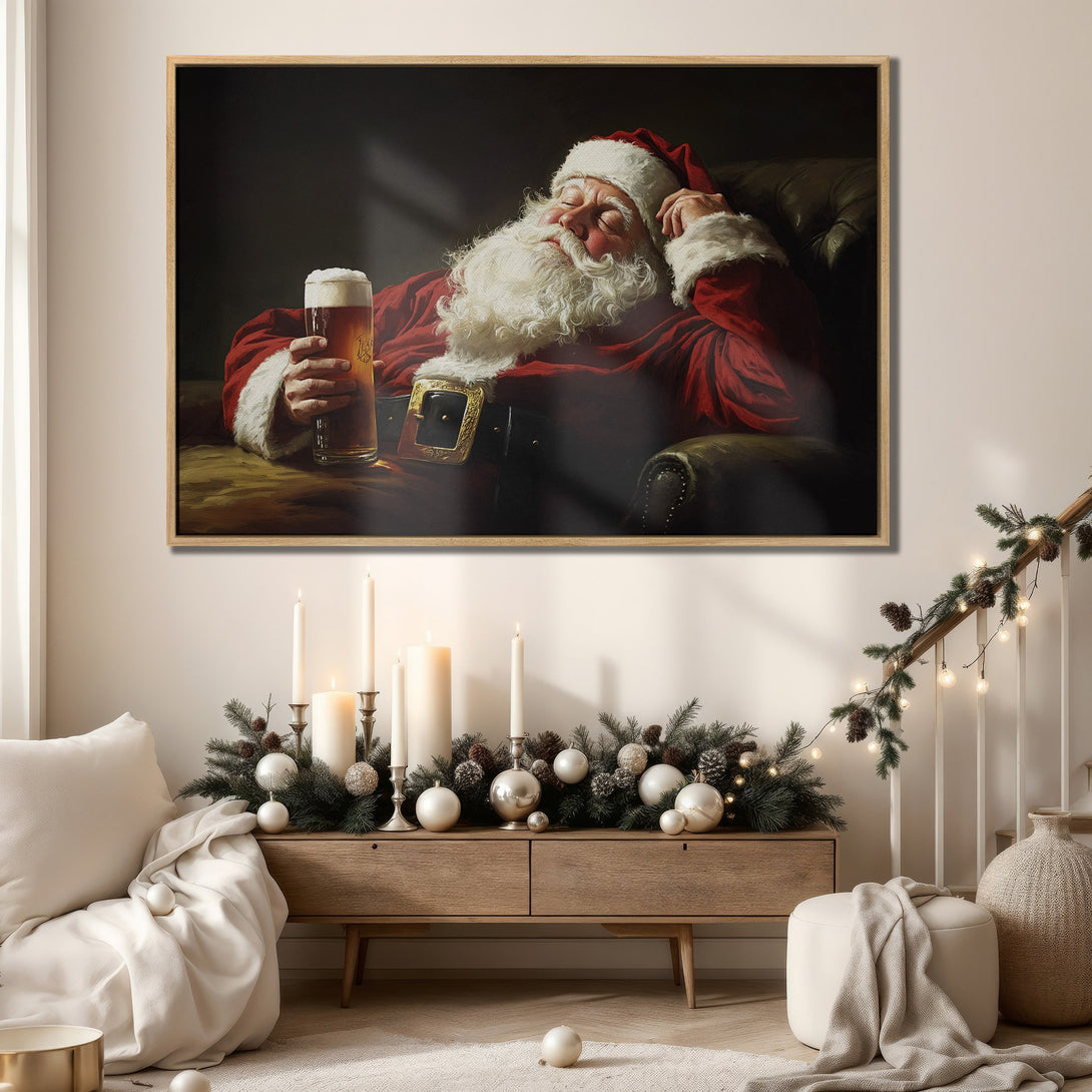 Framed Wall Art: Santa Claus relaxing with a beer, warm tones. Perfect Christmas decor canvas print for a cozy living room.
