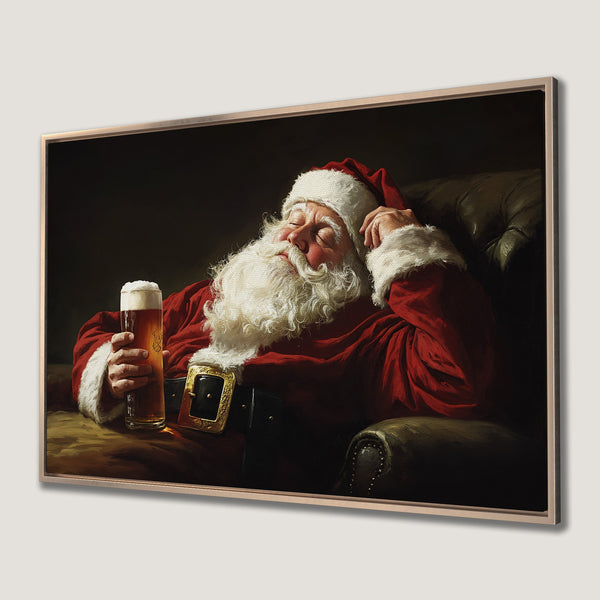 Framed Wall Art of Santa Claus relaxing with a beer. Classic style with rich red, gold, and brown tones. Perfect Christmas decor!