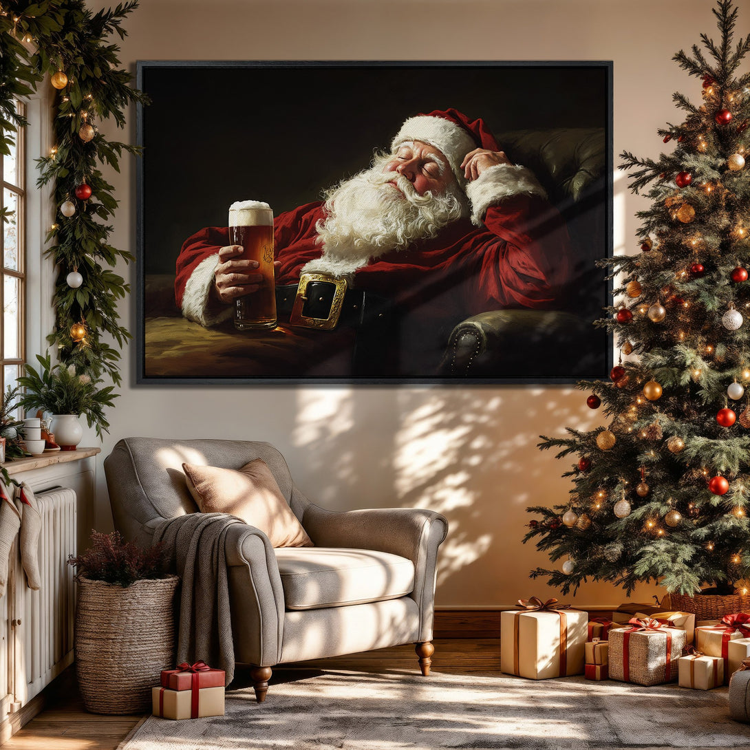 Framed Wall Art: Relaxed Santa Claus enjoying a beer, classic style, rich red and warm tones. Perfect Christmas decor for a cozy living room.