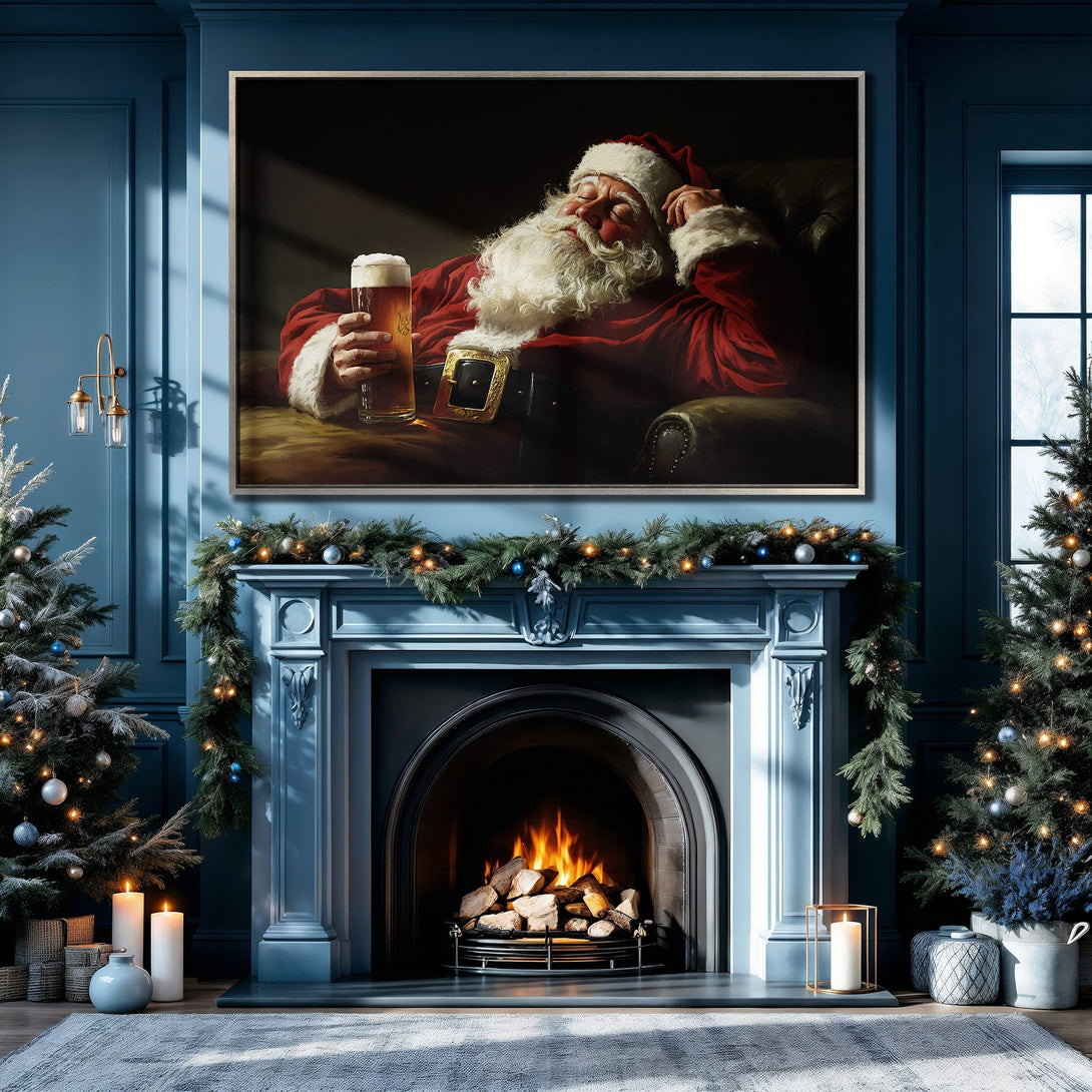 Framed Wall Art: Santa Claus relaxing with a beer. Classic style, rich red and blue color palette. Perfect Christmas decor for your home.
