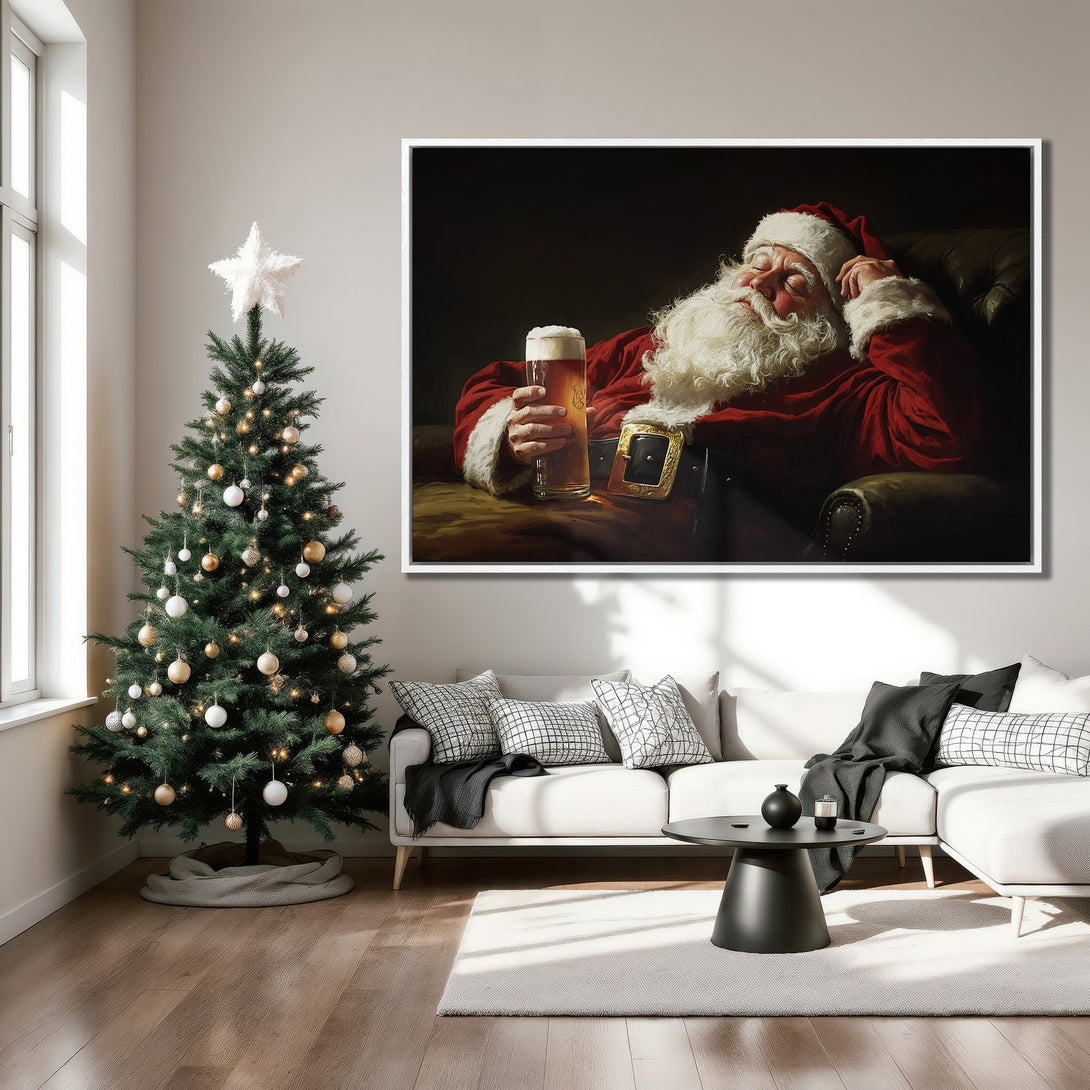 Framed Wall Art: Santa relaxing with a beer, classic style, rich reds and warm tones. Perfect Christmas decor for your home!