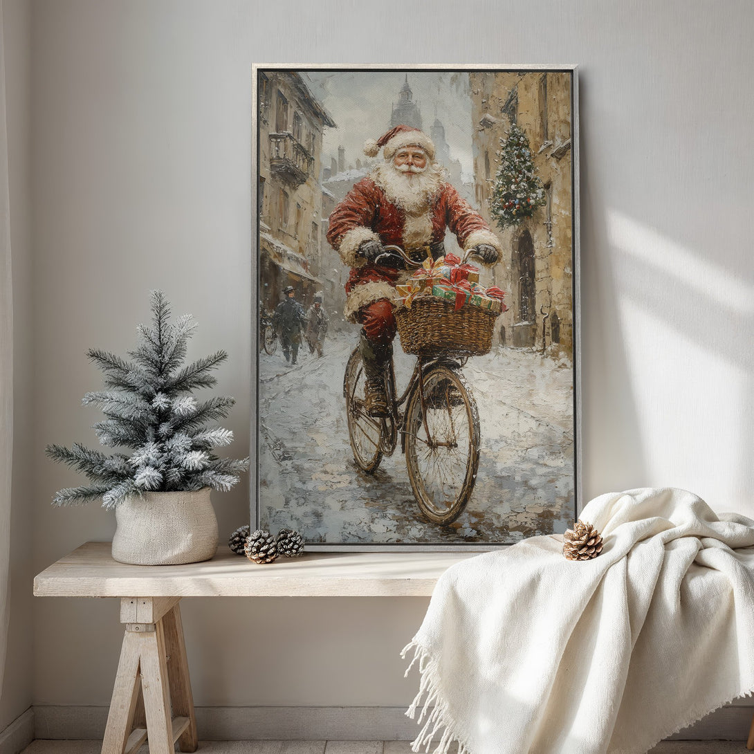 Framed Wall Art: Santa Claus on a bicycle, vintage style, winter scene with warm red and neutral tones. Perfect Christmas decor!