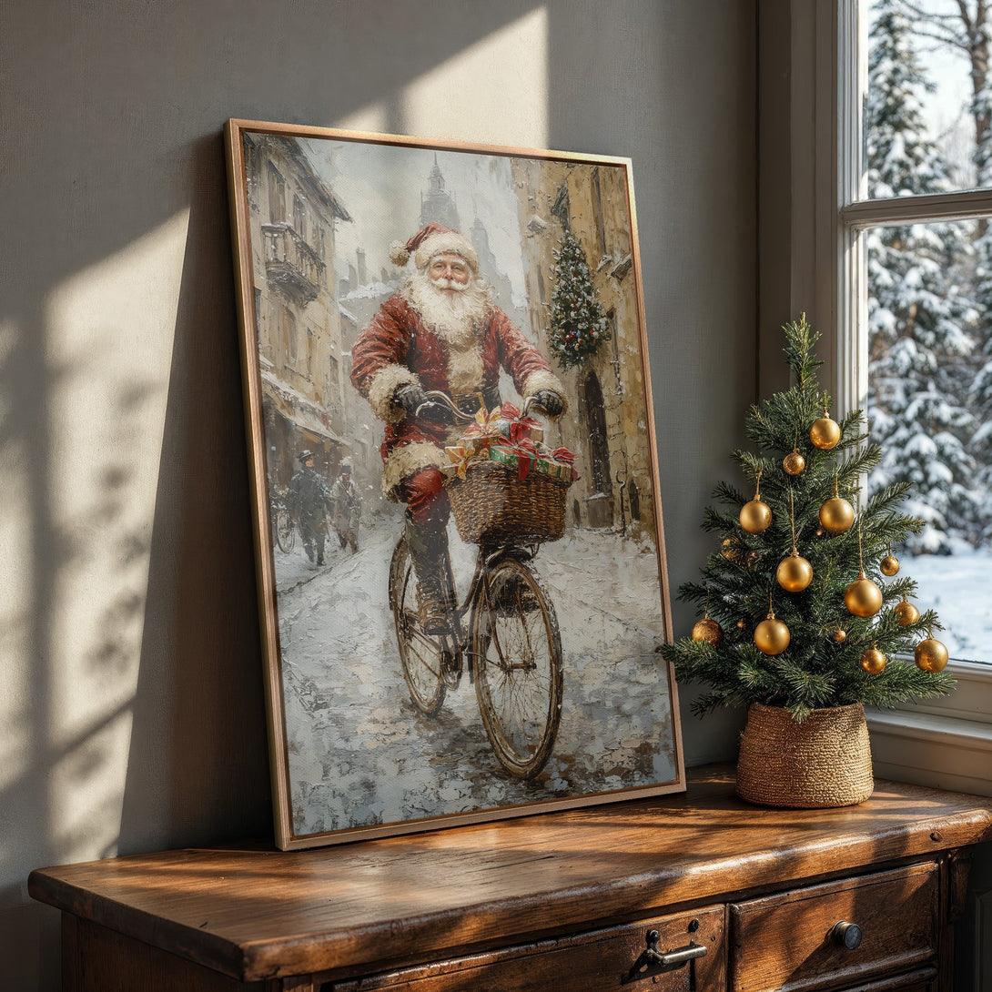 Framed Wall Art: Santa Claus on a bicycle, vintage style painting with a warm, festive color palette. Perfect Christmas decor for your home!