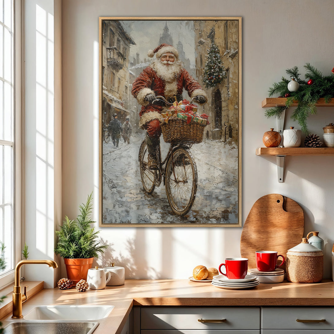 Framed Wall Art: Santa Claus on a bicycle in a snowy street scene. Impressionistic style with a warm, festive color palette. Perfect Christmas decor.