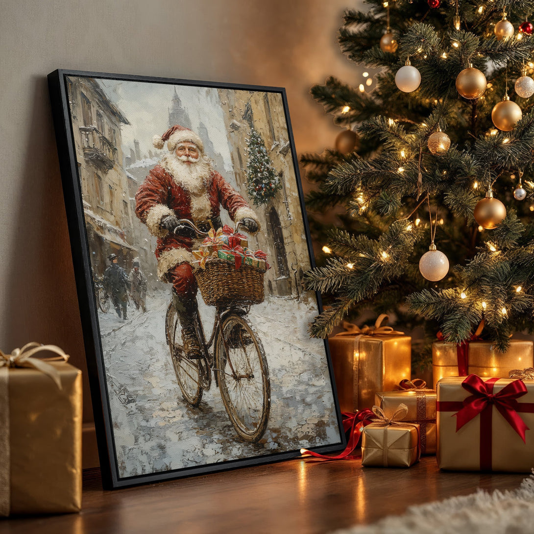 Framed Wall Art: Santa Claus on a bicycle, vintage style painting in a snowy scene. Warm, neutral color palette with red accents. Perfect Christmas decor!
