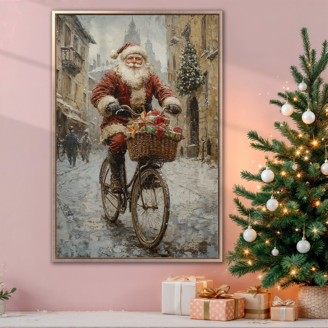 Framed Wall Art: Santa Claus on a bicycle delivering gifts. Vintage style painting with warm red, brown, and gray tones. Perfect Christmas decor.