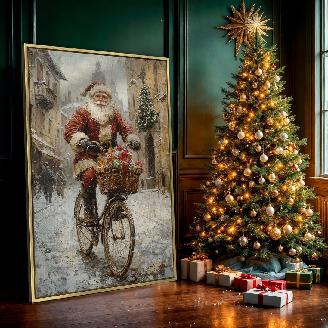 Canvas Print of Santa Claus on a bicycle, vintage style, with a warm, festive color palette. Perfect Christmas wall art!