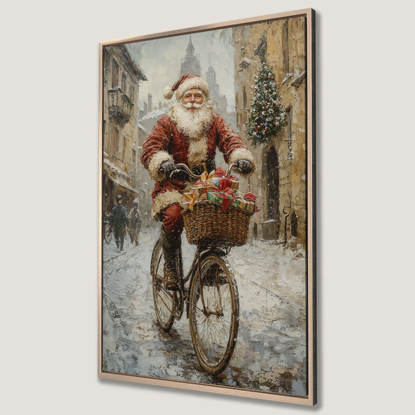 Framed Wall Art of Santa Claus on a bicycle, delivering gifts. Classic painting style with a warm, neutral color palette, perfect for Christmas decor.