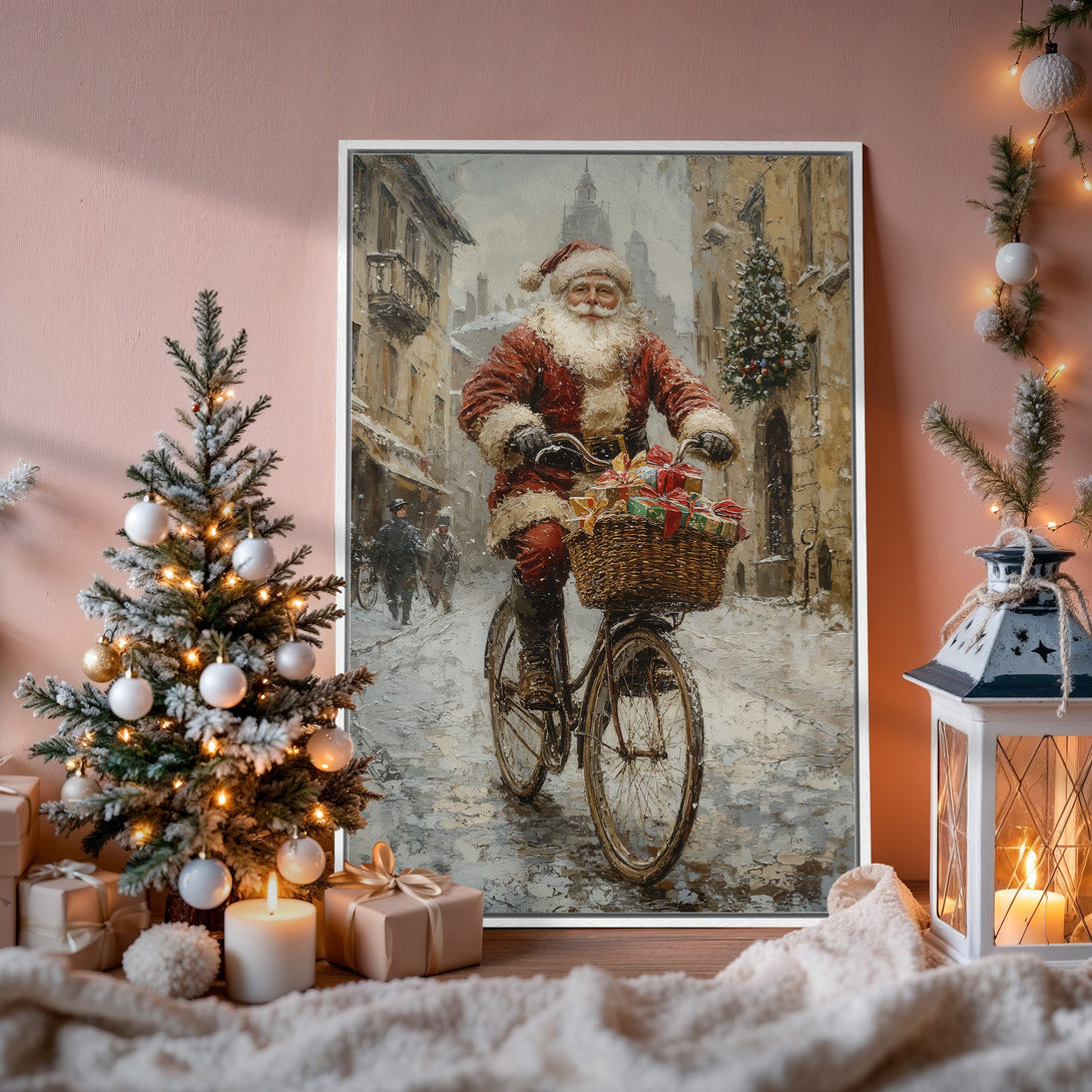 Framed Wall Art: Santa Claus on a bicycle in a snowy town, warm red and neutral tones. Perfect Christmas decor for a cozy home.