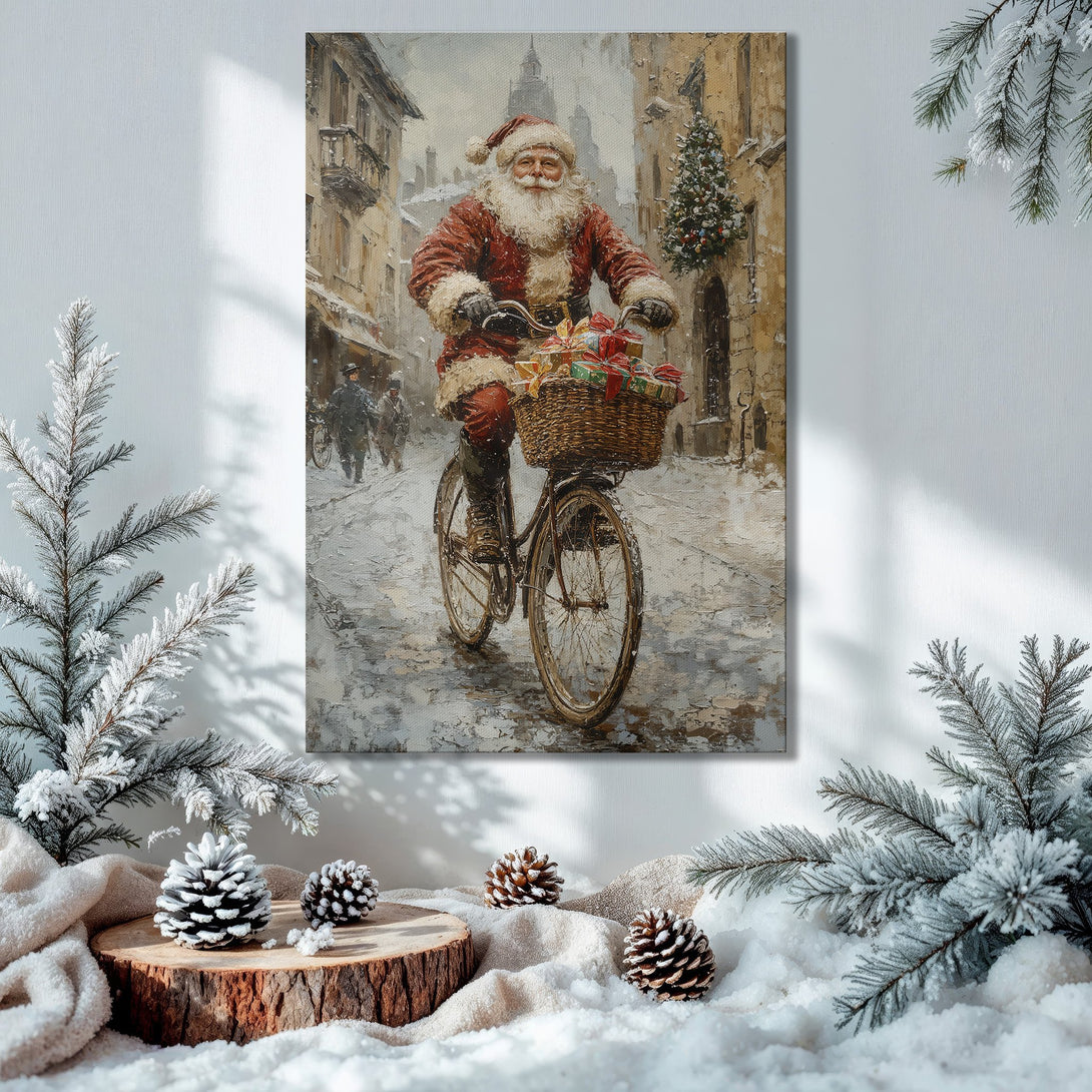 Framed Wall Art: Santa Claus on a bicycle in a snowy scene. Classic style, warm red & gold palette. Perfect Christmas decor!