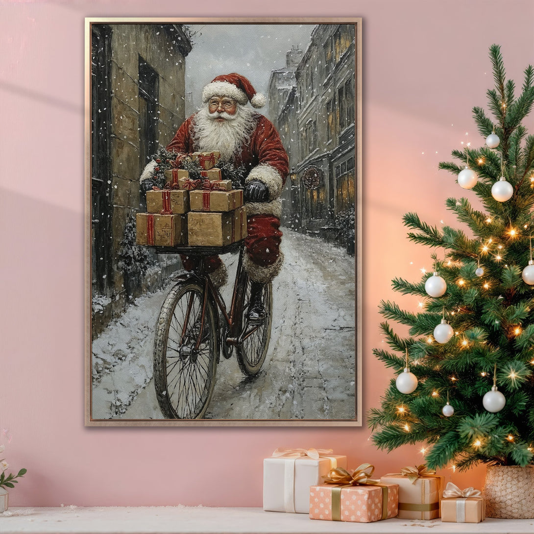 Framed Wall Art: Santa Claus on a bicycle delivers gifts in a snowy street scene. Vintage style with a warm, neutral color palette, perfect for Christmas decor.