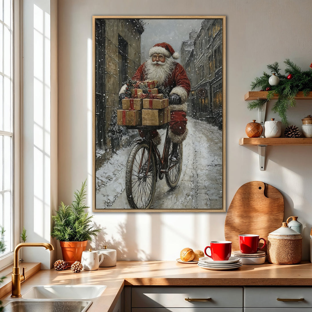 Framed Wall Art: Santa Claus on a bicycle in a snowy scene. Vintage style with a warm, festive color palette. Perfect Christmas decor!