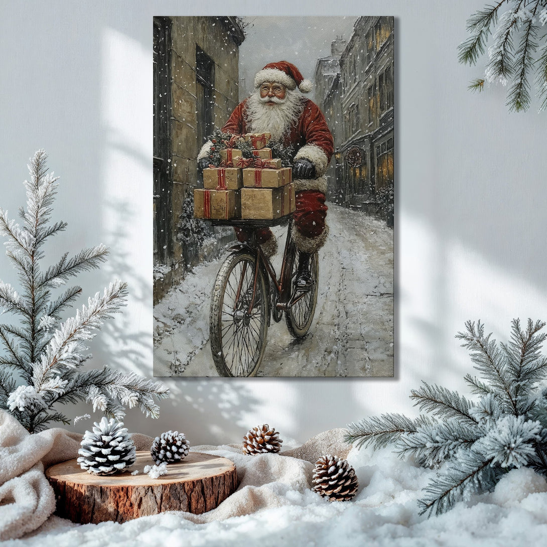 Framed Wall Art: Santa Claus on a bicycle, vintage style canvas print in a warm, festive interior. Features a cozy color palette.