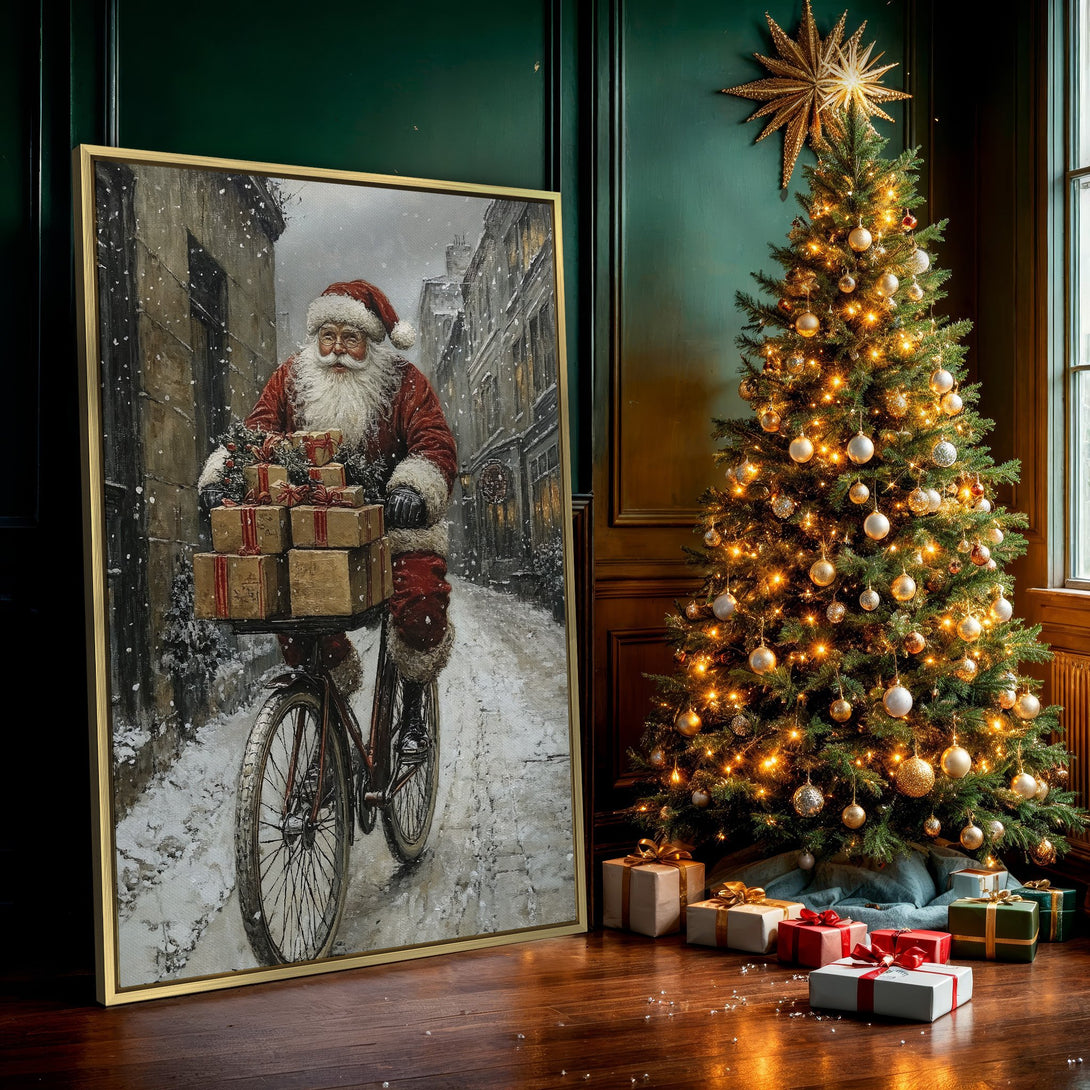 Canvas Print of Santa Claus on a bike, vintage style, red and neutral color palette, perfect Christmas wall art.