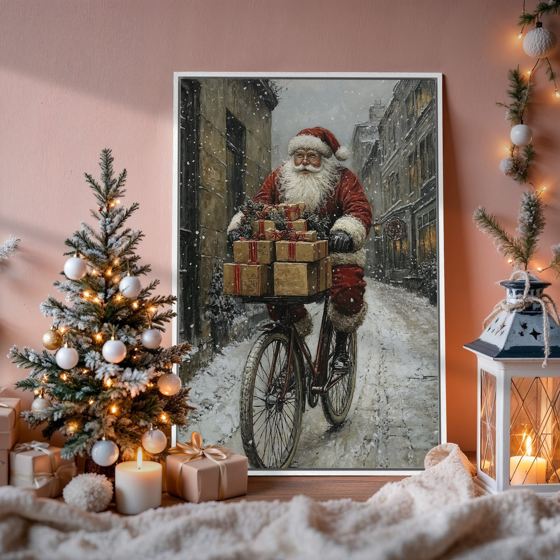 Framed Wall Art: Santa Claus on a bike with gifts, vintage style. Warm red, brown, and white color palette, perfect for Christmas decor.