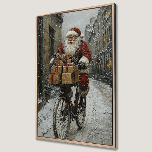 Framed Wall Art: Santa Claus on a bicycle delivering gifts in a snowy street scene. Vintage style with warm red and neutral tones, perfect for Christmas decor.