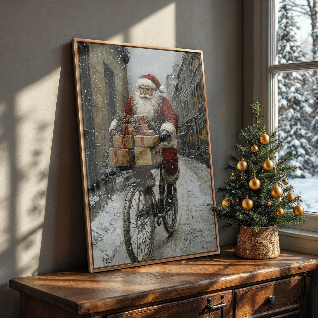 Framed Wall Art: Vintage Santa on a bicycle, delivering gifts in a snowy scene. Warm, inviting color palette perfect for Christmas decor.