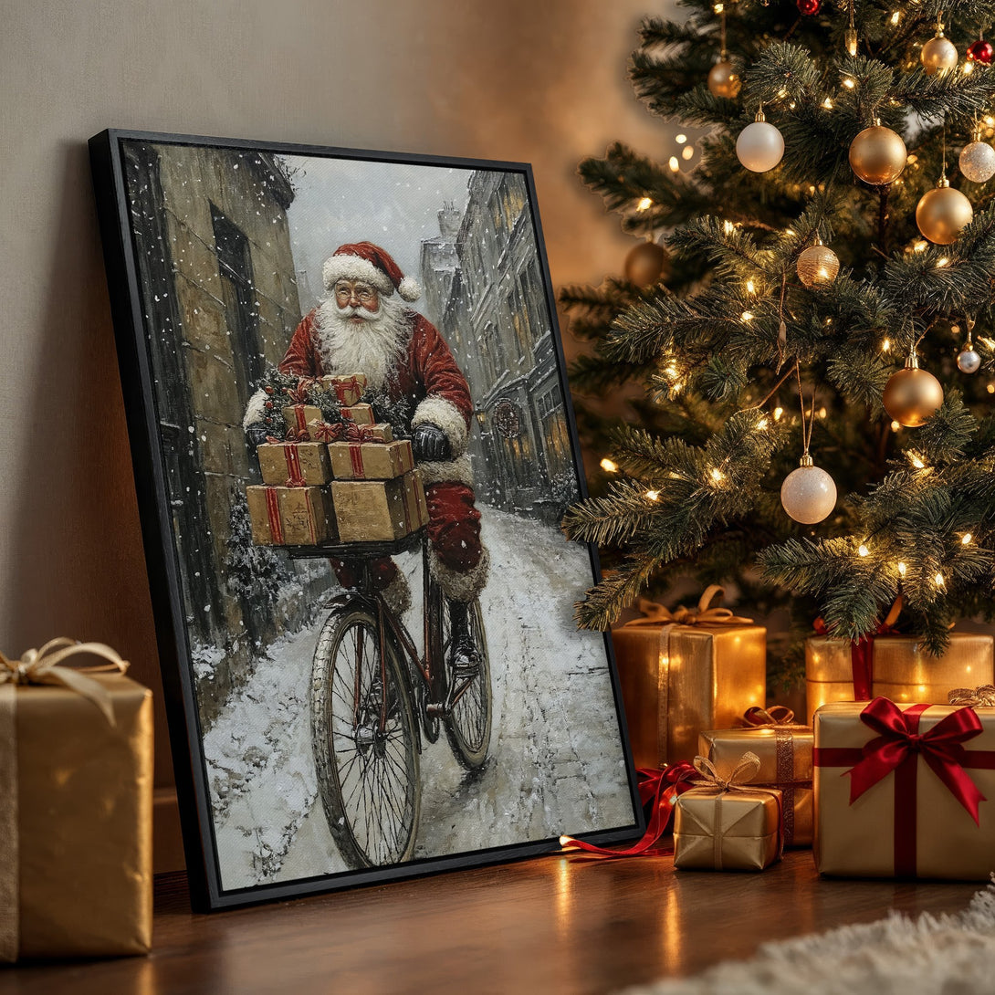 Framed Wall Art: Santa Claus on a bicycle delivering gifts. Vintage style canvas print with a warm, festive color palette. Perfect Christmas decor!