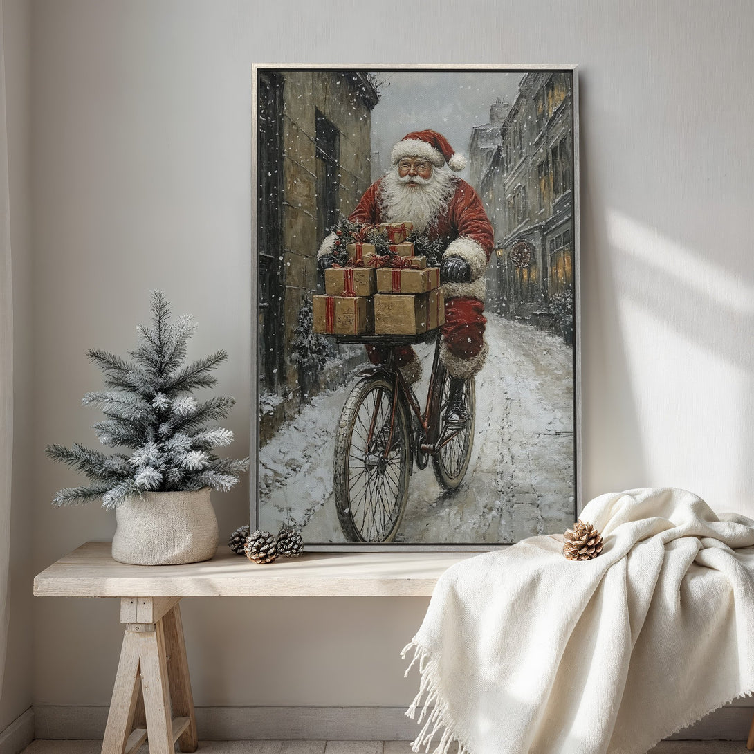 Framed Wall Art: Santa on a bicycle, vintage style, red and neutral color palette. Perfect Christmas decor for your home!