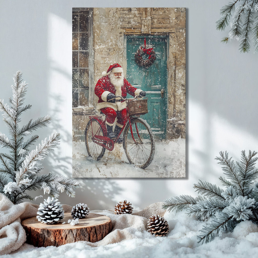 Framed Wall Art featuring Santa on a bike, vintage style, with a warm red & teal color palette. Perfect Christmas decor!