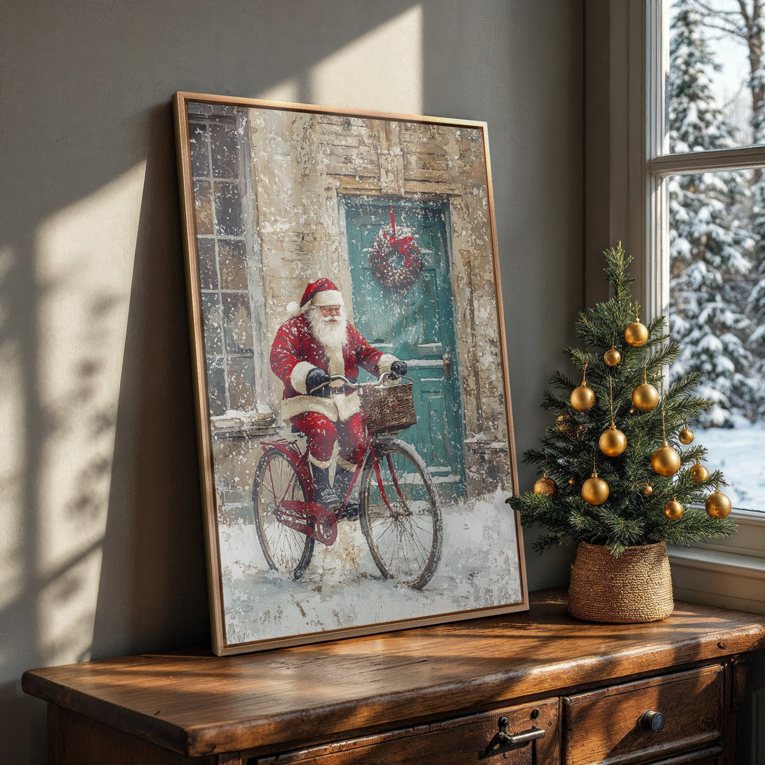 Framed Wall Art featuring Santa on a bicycle in a snowy scene. Rustic style with a warm, inviting color palette. Perfect Christmas decor!