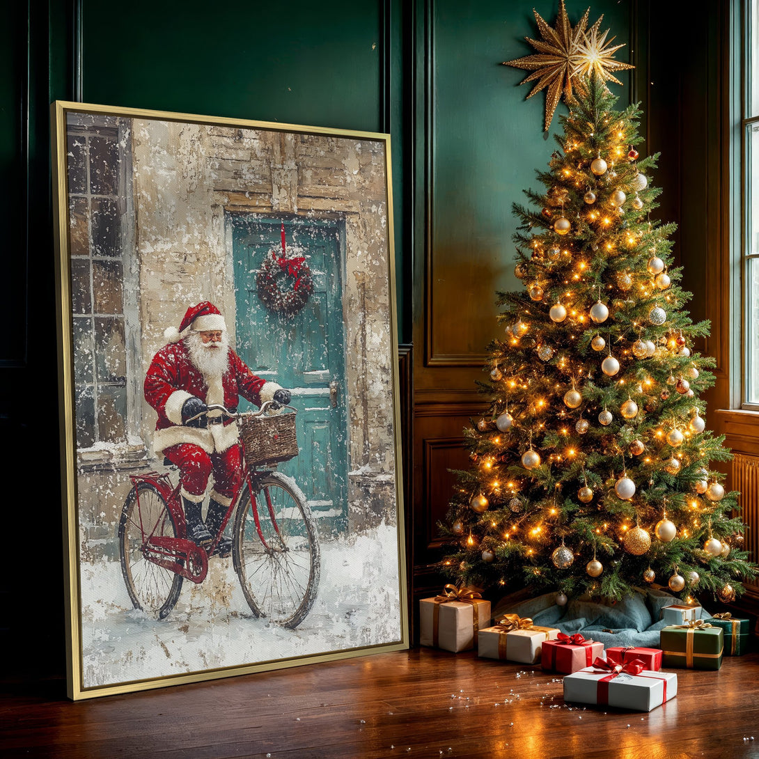 Canvas Print of Santa on a bike in a snowy scene. Rustic style with red, teal, and white color palette. Perfect Christmas wall art.