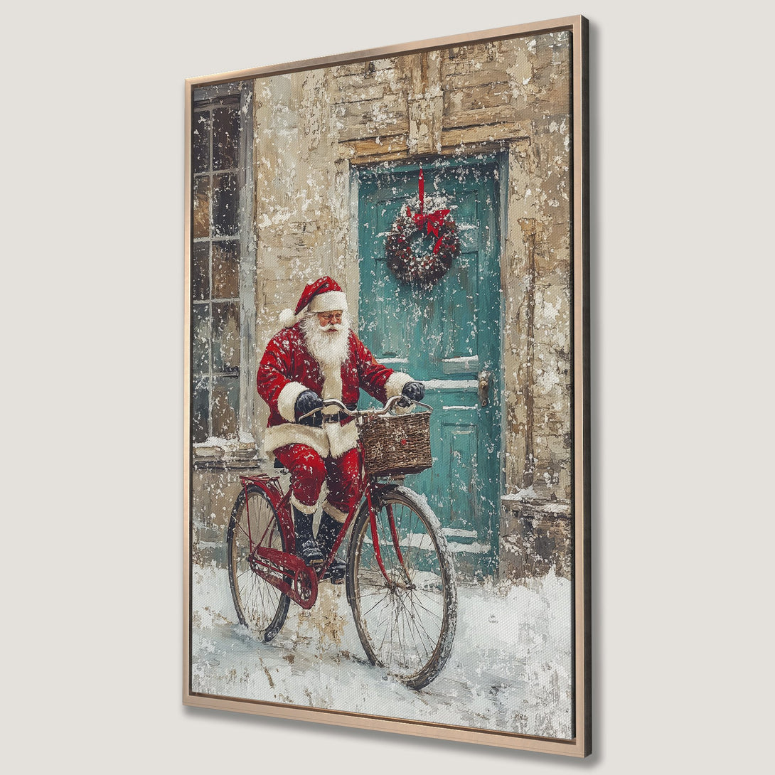 Framed Wall Art featuring Santa on a bicycle, vintage style. Festive red and teal color palette. Perfect Christmas decor for a cozy home.