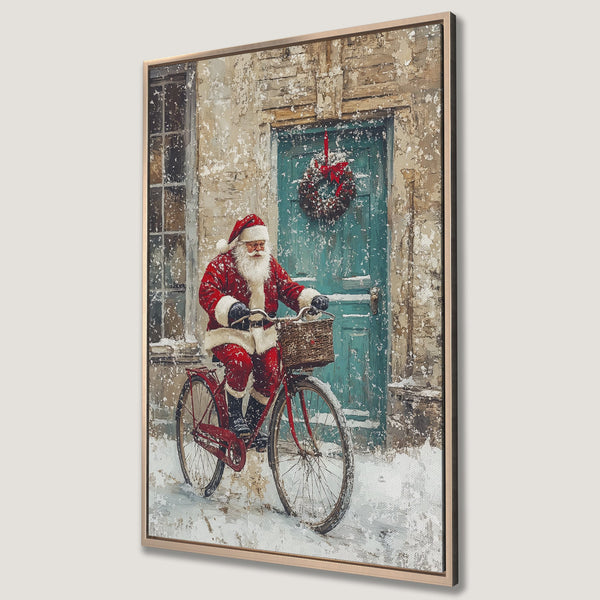 Framed Wall Art featuring Santa on a bicycle, vintage style. Festive red and teal color palette. Perfect Christmas decor for a cozy home.