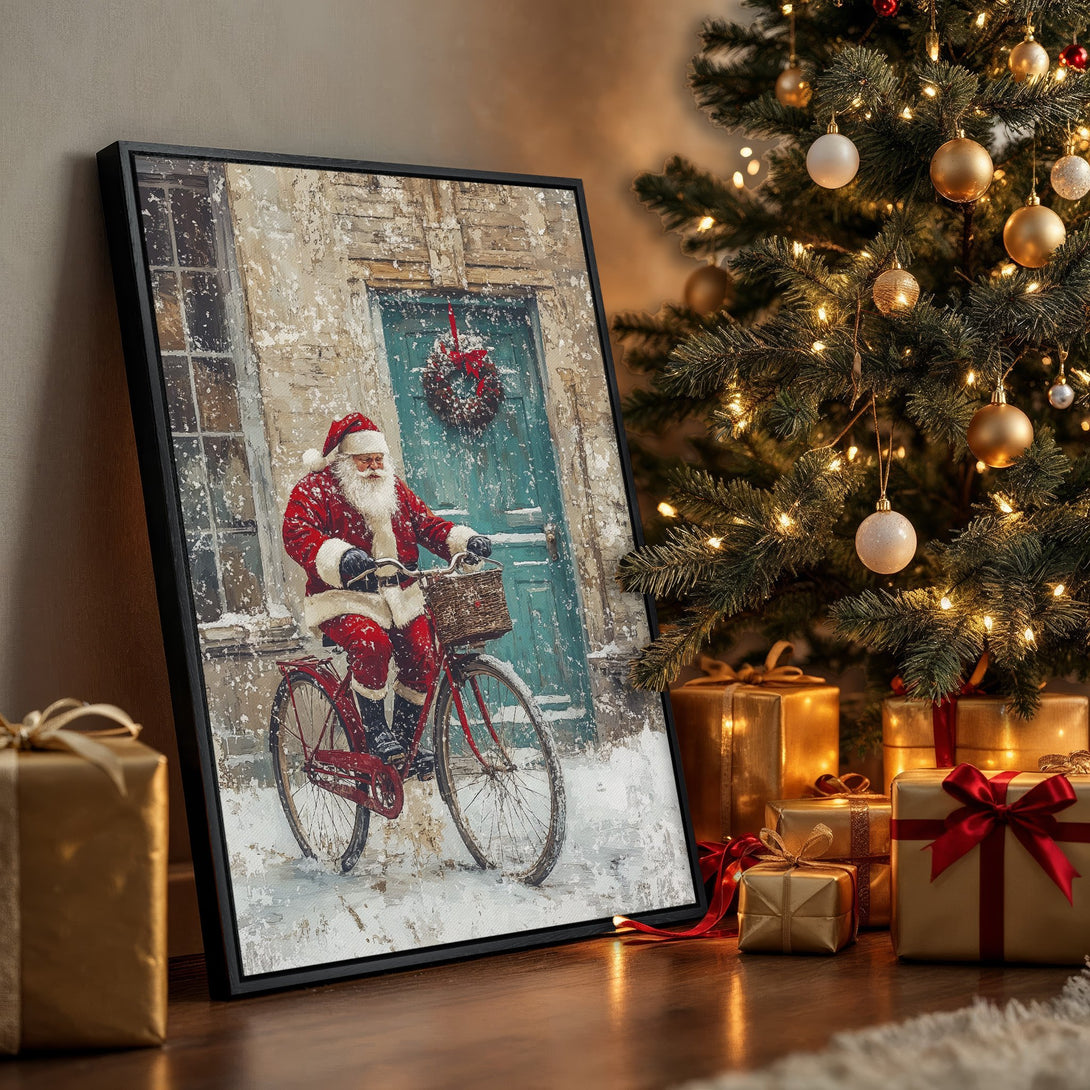 Framed Wall Art featuring Santa on a bicycle in a snowy scene. Rustic style with a warm, festive color palette of red, gold, and teal. Perfect Christmas decor!