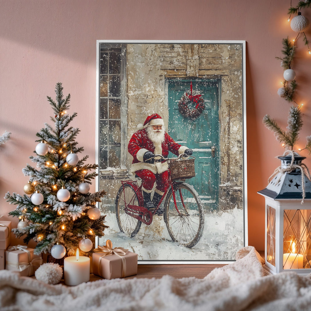 Framed Wall Art: Santa on a bike in winter scene. Rustic style with red, teal, and cream color palette. Perfect Christmas decor!