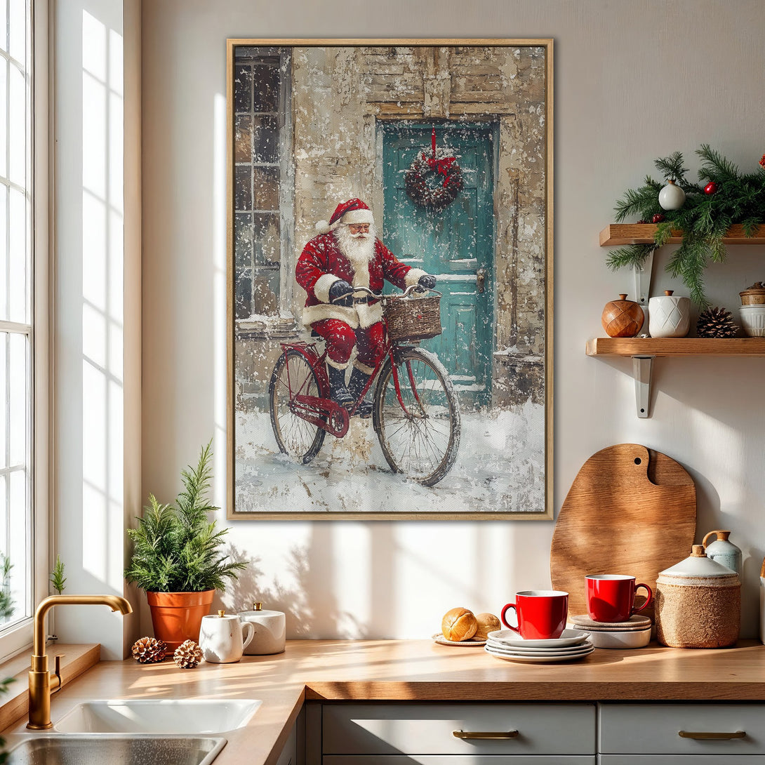 Framed Wall Art: Santa Claus on a bicycle in a snowy scene. Warm red and teal color palette, perfect for Christmas decor. Add festive cheer to your home!