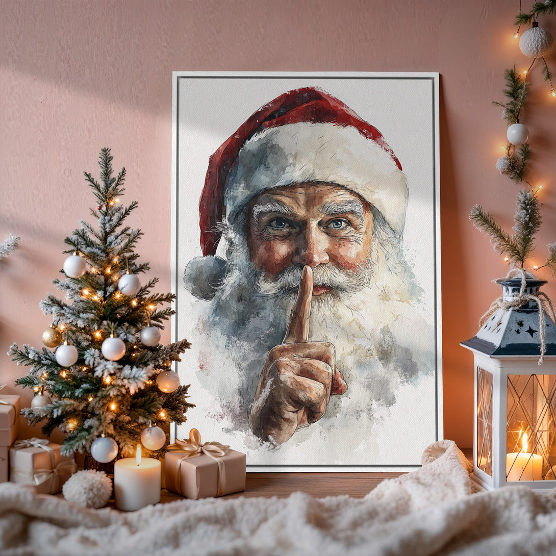 Framed Wall Art: Watercolor Santa portrait in a cozy interior. Festive holiday decor with warm, neutral tones and a touch of red. Perfect Christmas gift.