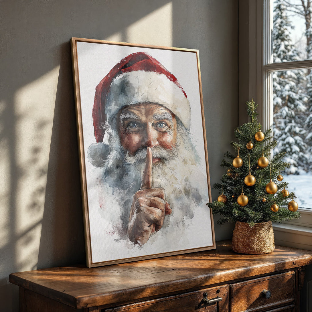 Framed Wall Art featuring Santa Claus in a watercolor style, with a warm red, white, and brown color palette. Perfect Christmas decor!