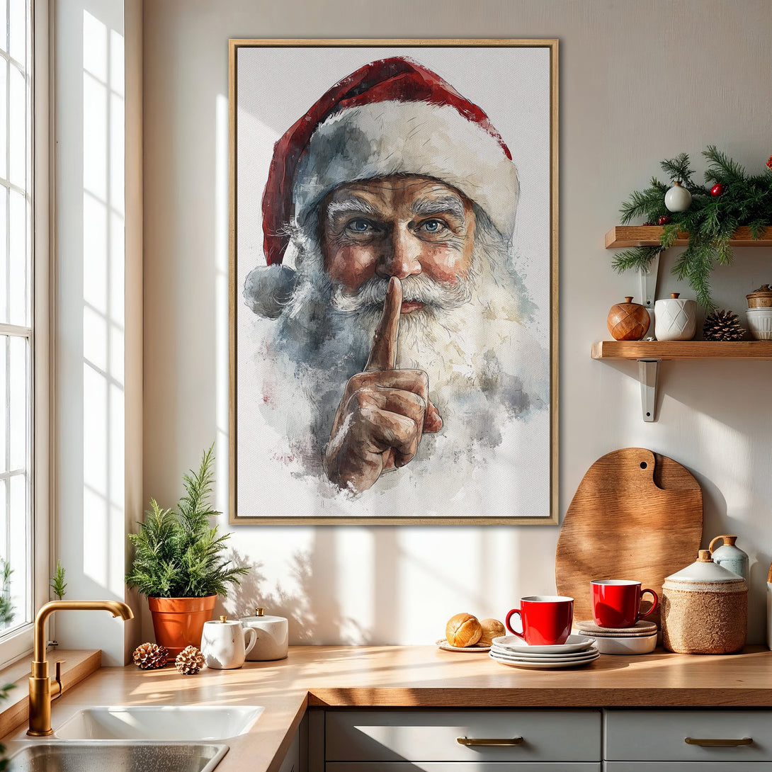 Framed Wall Art: Watercolor Santa Claus portrait in a warm, inviting kitchen. Festive red & white palette, perfect for holiday decor.