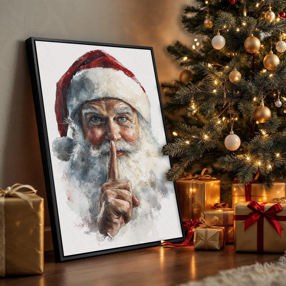 Framed Wall Art: Watercolor Santa Claus portrait in a festive interior. Christmas decor with warm gold, red, and neutral tones. Perfect holiday gift!